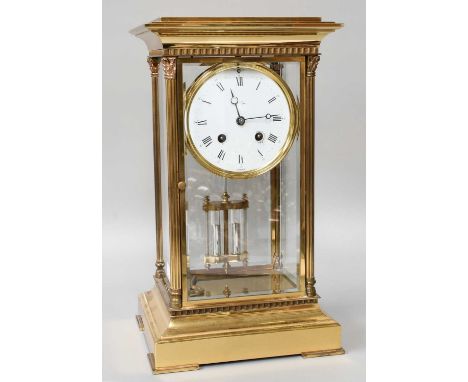 A French Brass L'Epee Four Glass Mantel Clock, 20th century, twin barrel movement striking on a bell, 34cm high, with L'Epee 