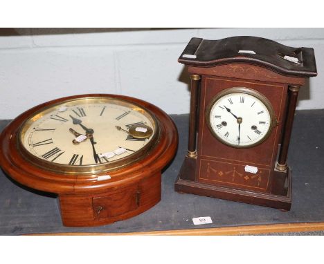 An Inlaid Striking Mantel Clock, early 20th century, 34cm high, together with a mahogany veneered 12" dial wall timepiece, 41