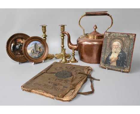 Miscellaneous Including: a copper kettle, two Prattware pot lids, an icon, two pairs of brass candlesticks and a German illus