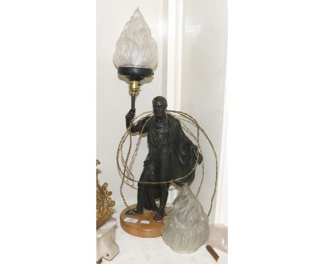 A 19th Century Bronze Figure of a Classical Male, converted to a lamp holding a torch aloft, 62cm, together with a spare shad