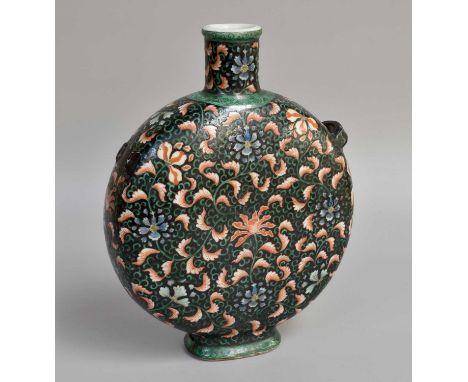 A Chinese Porcelain Moon Flask, Yongzhong reign mark but late Qing dynasty, painted in famille noire enamels with stylized lo