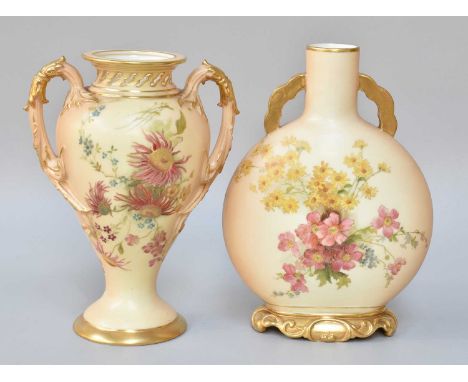 Royal Worcester Blush Ivory Moon Flask, 21cm and similar two handled vase (2)In good condition