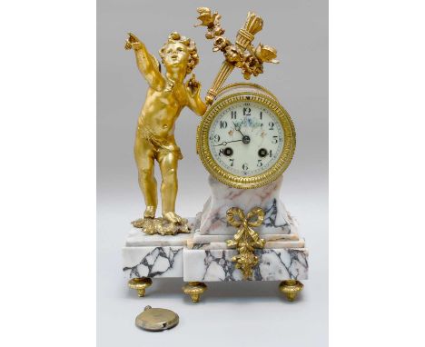 A French Gilt Metal and Marble Striking Mantel Clock, early 20th century, surmounted with with cherub, 34cm highMovement not 