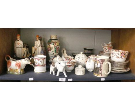 Assorted Pottery and Porcelain, including Staffordshire style cricketers, various cow creamers, Leeds creamware etc. (one she