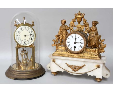 A French Gilt Metal and Alabaster Figural Mantel Timepiece, circa 1900, and an anniversary clock (2)