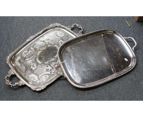 Two Silver Plated Tray, one with engine turned decoration, the other plain, largest 71cm wide over handles (2)