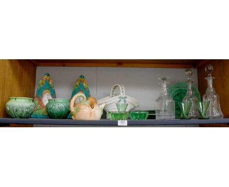 Assorted Pottery and Glassware Including: 19th century Majolica leaf plates, 19th century decanters and stoppers, painted pla