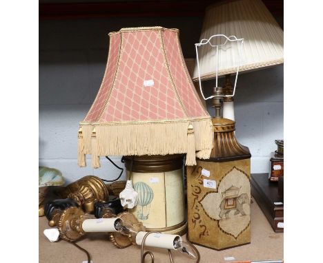 A Table Lamp with Spelter Bull Figure on Marble Plinth Base; together with A Pair of Giltwood Wall Lights, in the form of Bla