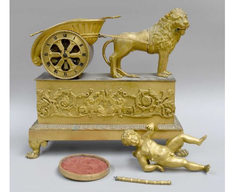 A French Ormolu Striking Chariot Mantel Clock, 19th Century, case depicting a chariot pulled by a lion, Roman numeral dial, t