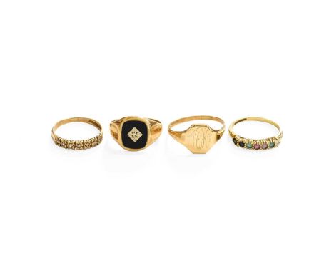 Two 9 Carat Gold Signet Rings, finger sizes Y1/2 and O; A 9 Carat Gold 'DEAREST' Ring, finger size Q1/2; and A 9 Carat Gold D