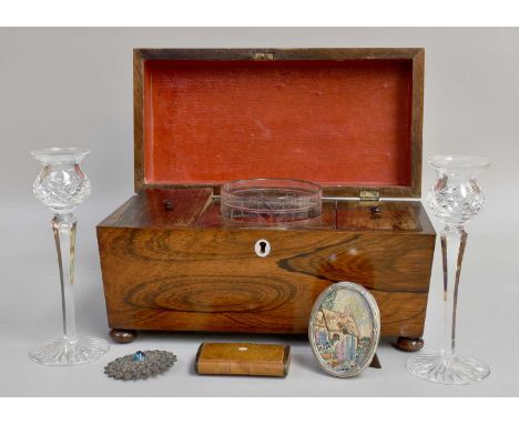 A Regency Rosewood Tea Caddy, of Sarcophagus Form, a pair of cut glass candle sticks 