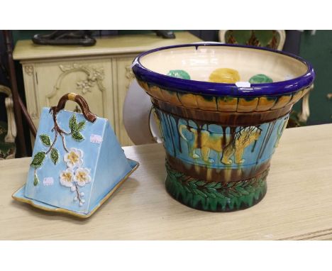 A 19th Century Majolica Cheese Dish and Cover, floral relief wedge form, 24cm high; together with A Majolica-Style Planter, r