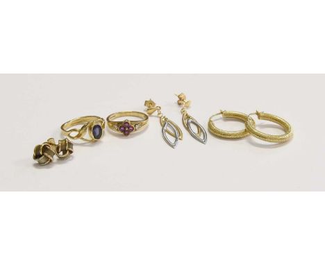 A 9 Carat Gold Tanzanite Ring, finger size L; A 9 Carat Gold Ruby and Diamond Ring, finger size K; A Pair of 9 Carat Gold Kno