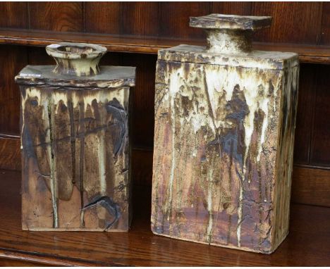 Manner of Bernard Rooke, two large Stoneware flasks, rectangular form, largest 41.5cm h (2)