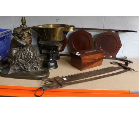 A Quantity of Metal Wares, tea caddy, lamp and a reproduction figure