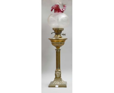 A Victorian Brass Column Oil Lamp, with etched shade, 77cm high overall