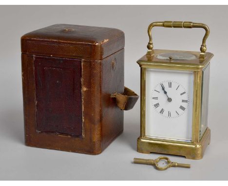 A French Brass Strike and Repeat Carriage Clock, circa 1900, twin barrel movement with a platform lever escapement, striking 