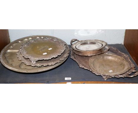 Various Mostly 19th Century Silver Plated Wares, including twin handled tray, two salvers, a pair of crested dishes etc. (one