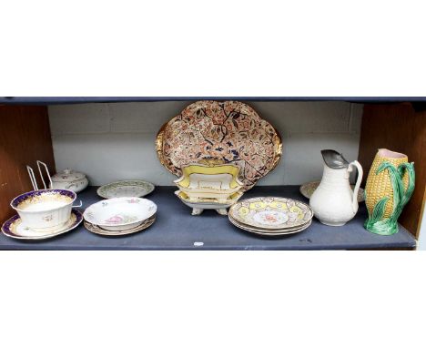A Collection of 19th Century English Ceramics, including Derby, Spode, Majolica etc. (one shelf)