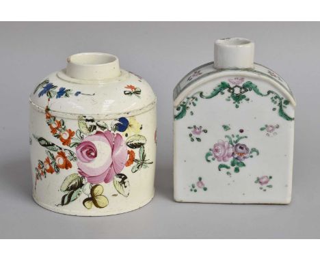 A Creamware Tea Canister, circa 1770, painted with flowers, together with a Chinese porcelain example with scattered sprigs u