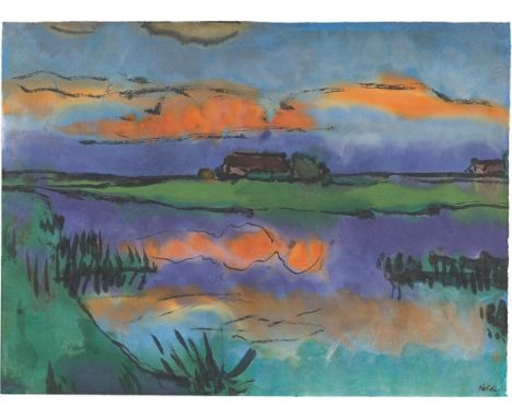 Emil Nolde (Nolde 1867 – 1956 Seebüll). „Marschlandschaft um Seebüll“. Um 1935/40Aquarell und Tuschpinsel auf Japan. 37&nbsp;