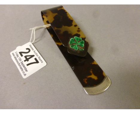 Late 19th / Early 20th century Tortoiseshell Paper Mark set with Green Enamel Four Leaf Clover 