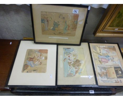 Watercolour by Hastings Draper after T. Rowlandson "Cribbage" and three others after George Cruikshank including "Peepers in 