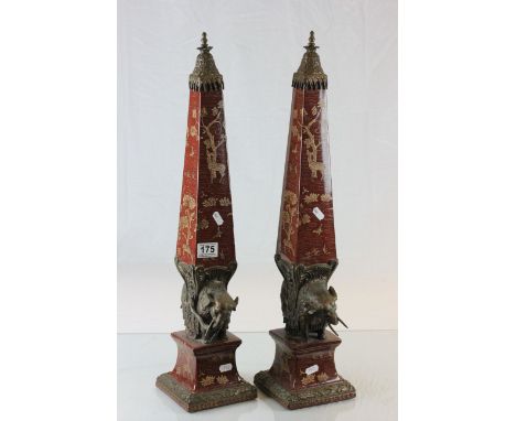 Pair of brass & ceramic Obelisks with Elephants