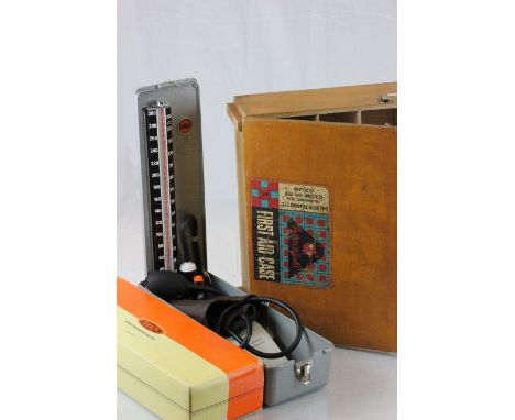 Boxed Accoson Sphygmomanometer together with Wooden Astroplast First Aid Box