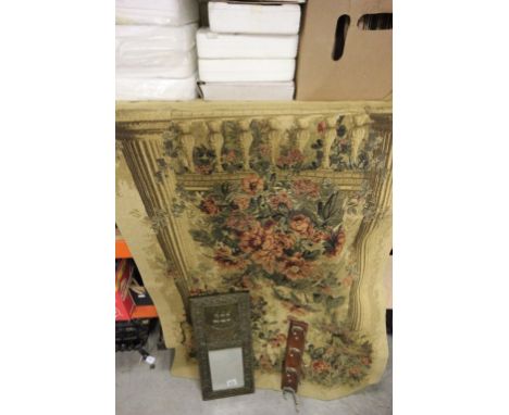 Mirror with Brass Sailing Ship Relief Framed Mirror, Flemish Style Tapestry and Coat Hooks