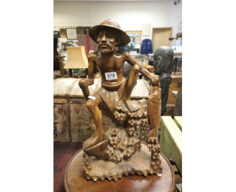 Large vintage Chinese carved wood figure of a fisherman