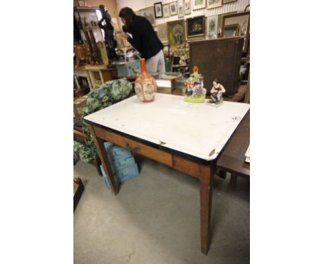 Mid 20th century Enamel Top Kitchen Table on Pine Base with Single Drawer