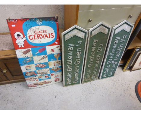 Three Metal Public Bridleway Signs - Goring Heath, Whitchurch and Dunsden Green plus a Vintage Glaces Gervais Ice Cream Sign