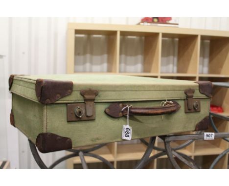 Vintage Green Canvas and Leather Suitcase