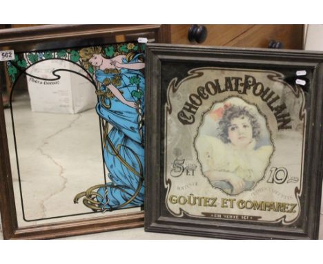 Two vintage wooden framed advertising mirrors, Moet & Chandon and Chocolat Poulain