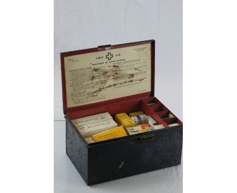Vintage Boots First Aid Box filled with various vintage Boots and other First Aid Items including Wool Pads, Lint Dressings, 