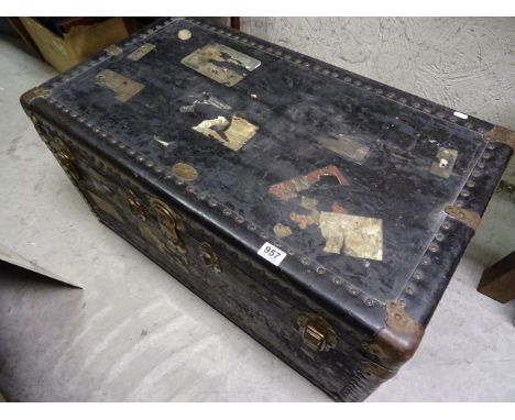 Large Studded Travelling Trunk with Luggage Labels including Cunard