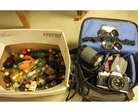 Collection of Cameras including Olympus SLR with case, light meter plus Collection of Miniature Alcoholic Spirits