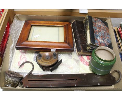 Small box of collectibles to include genuine vintage eskibon gelati calendar and vintage salter spring scales