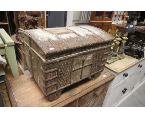 Indian Pine and Iron Bound Domed Top Trunk together with a Carved Wooden Elephant