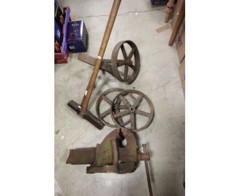 Large Bench Vice, Four Iron Wheels and a Sledge Hammer
