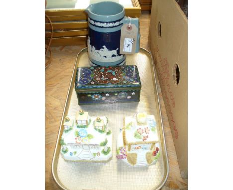 A Rectangular cloisonne hinged box, a Copeland Spode sporting jug and two Coalport model cottages " Park Lodge" and " The Sum