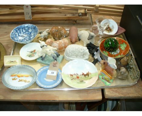 A Tray of decorative ceramics , Chinese blue and white bowl, glass paperweight, a collection of sheep ornaments and trinket d