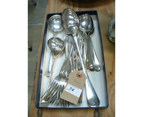 A Pair of rats tail pattern ladles, a serving ladle and other plated flatware.