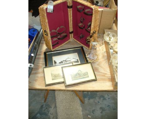 A Wicker picnic basket, two coloured prints, one other a jewellery mannequin  and a hearth rug. (6)