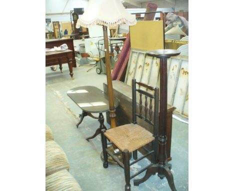 A Spindle back chair, lamp standard , mahogany torchere and a twin pedestal coffee table.(4)