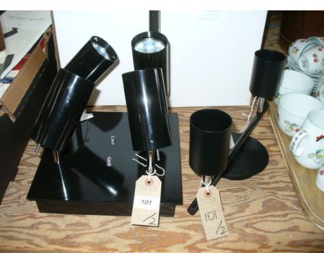 A Black metal ceiling light fitting with four adjustable spot lamps and a twin lamp spot bar. (2)  ( 7044 - 4BK , Bk 2 lg )

