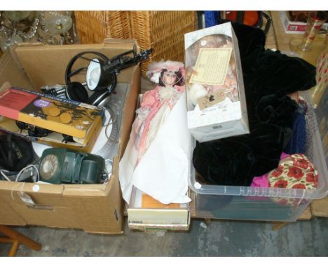 Two boxes of sundry items , vintage telephones, headphones, record turntable, vintage clothing , ladies hats, cased vanity se