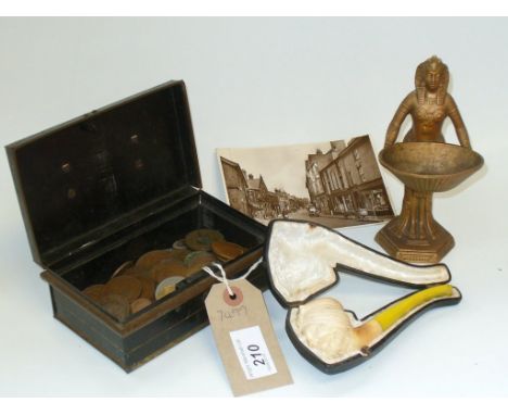 A Collection of coins to a Japanned cash box, a meerschaum pipe, a gilt metal Egyptian figure, qty.