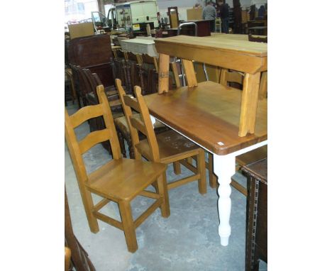 A Painted pine top kitchen table , 4 modern ladder back kitchen chairs and a beech wood bench. (6)